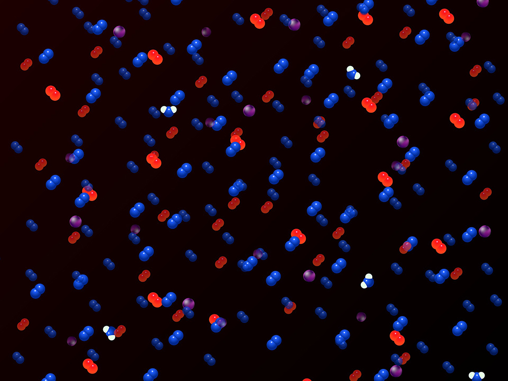 Abstract atoms of red and blue on black backround