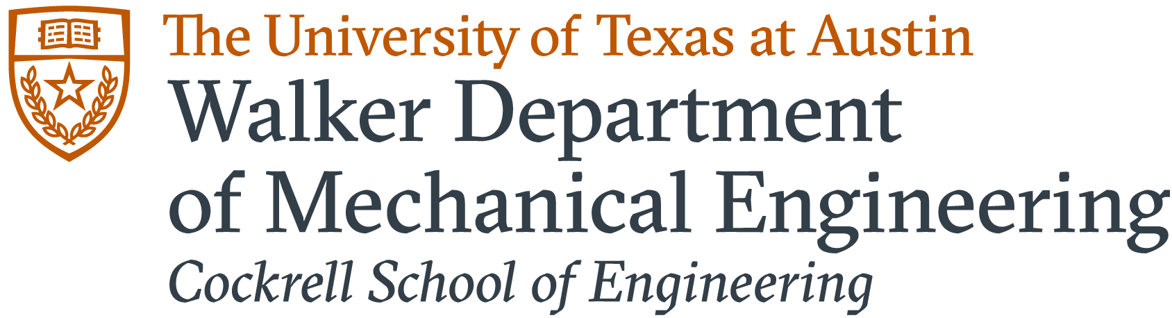Logo for Walker Department of Mechanical Engineering in the Cockrell School of Engineering at The University of Texas at Austin with burnt orange colored shield to the left